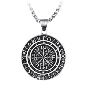 Vintage silver Viking Vegvisir compass pendant necklace with Nordic runes for men