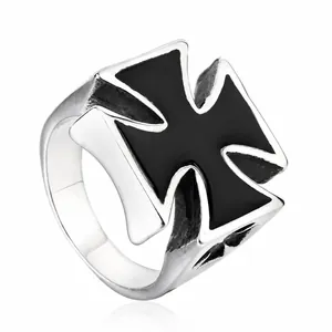 Men Vintage Stainless Steel Iron Cross Ring Gothic Punk Black Enamel Biker Band Ring Retro Domineering Finger Jewelry