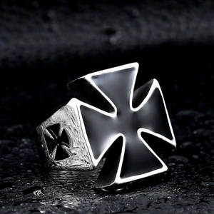 Retro stainless steel iron cross ring for men with black enamel finish in punk style