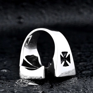 Men's vintage stainless steel wide ring with iron cross engraving on black wet surface