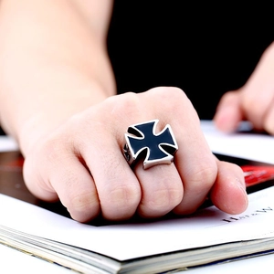 Men's vintage wide stainless steel ring with black iron cross in a punk biker style