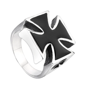 Vintage stainless steel biker ring featuring a bold black cross emblem for men