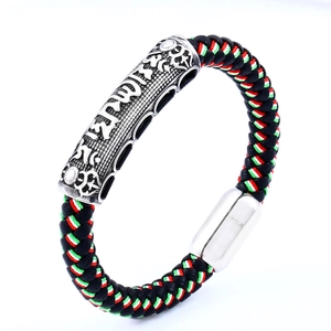 Handmade woven cord bracelet with vintage titanium steel mantra charm and magnetic clasp