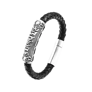 Braided black leather bracelet with silver mantra tube and polished magnetic clasp