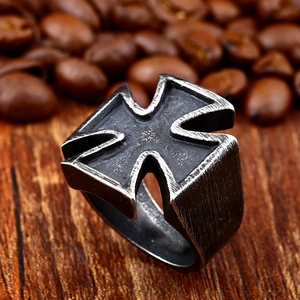 Vintage oxidized stainless steel iron cross ring for men with industrial brushed finish