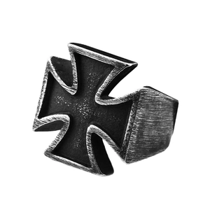 Vintage stainless steel iron cross ring for men with antique silver finish and matte black