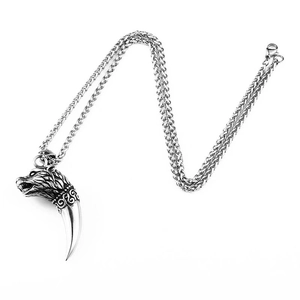 Vintage stainless steel wolf head and fang pendant necklace with twisted curb chain