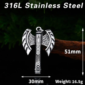 Vintage Nordic Viking double axe pendant in 316L stainless steel with dragon scale textures