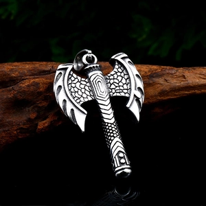 Nordic Viking double-edged axe pendant in stainless steel on rustic wood base