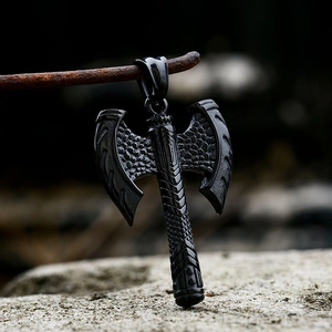 Nordic Viking battle axe pendant in matte black steel with detailed dragon scale texture