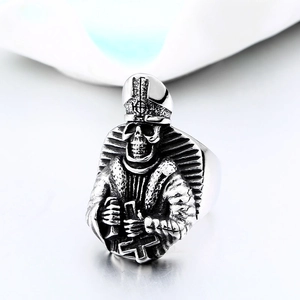 Vintage stainless steel gothic skull pope ring with inverted cross and oxidized finish