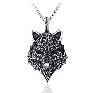 Vintage Viking wolf pendant necklace in stainless steel with punk style wheat chain