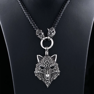 Vintage Viking wolf head pendant necklace in antique silver with black braided leather cord