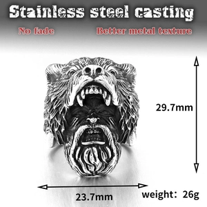Detailed view of Viking bear head casting with screaming human face in stainless steel