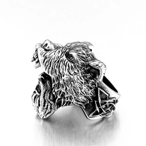 Vintage stainless steel Viking bear ring with Nordic knots and oxidized silver finish