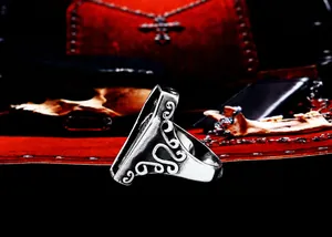 Macro detail of Gothic vampire coffin ring with intricate silver scrollwork engraving