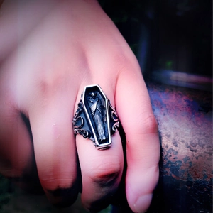 Gothic punk vampire coffin ring with death reaper carving on vintage silver band