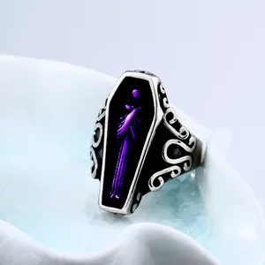 Gothic Coffin Ring For Men Stainless Steel Punk Skeleton Skull Grim Reaper Purple Relief Ring Vintage Biker Jewelry Gift