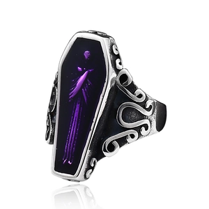 Gothic vampire coffin ring in vintage silver stainless steel with purple stone inlay