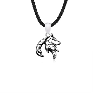 Vintage stainless steel fox head pendant with black woven leather cord and silver details