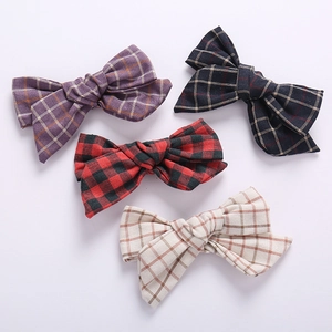 Set of 4 handmade linen plaid bow hair clips for girls in purple navy red and beige