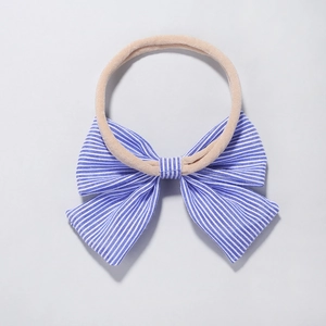 Blue striped bow baby headband with high-elastic nude nylon band for infants