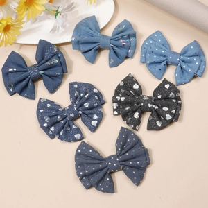 Handmade Cotton Denim Bow Hair Clip For Girls Sweet Sequin Heart Polka Dot Bowknot Hairpin Casual School Hair Accessories