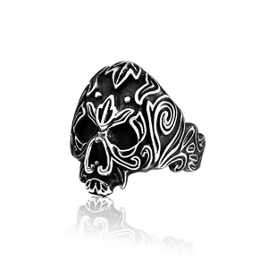 Vintage Gothic Skull Head Ring For Men 316L Stainless Steel Scroll Carved Punk Rock Viking Biker Signet Ring Jewelry