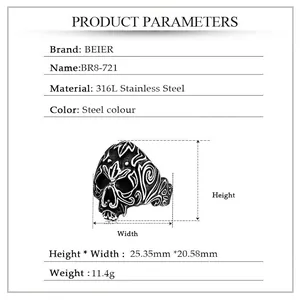 Men's gothic Viking skull ring in 316L stainless steel with intricate scroll patterns