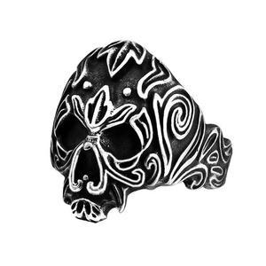 Men's punk gothic skull ring in vintage stainless steel with blackened floral leaf patterns