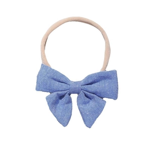 Sky blue fabric bow baby headband with pink high-elastic nylon band on white background