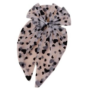 Barrette à cheveux avec grand nœud en tulle rose à cœurs noirs et longs rubans