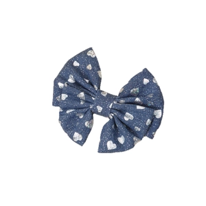 Denim blue bow hair clip with silver glitter heart pattern and polkadots for girls