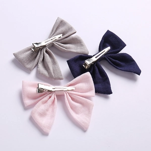 Lot de 3 barrettes à nœuds en lin et coton gris, bleu marine et rose pour filles