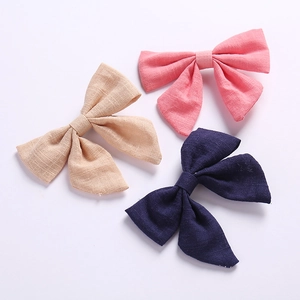Lot de 3 barrettes à nœud en coton et lin pour filles en rose, beige et bleu marine clair