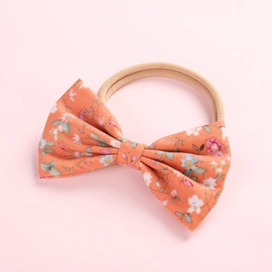 Chouchou à nœud floral pour filles en coton orange avec bande élastique rose
