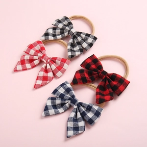 Bandeau Bébé à Nœud Papillon à Carreaux Fait à la Main Bande de Cheveux Souple en Nylon Élastique pour Bébé Fille Style Princesse Accessoires Cheveux Enfants
