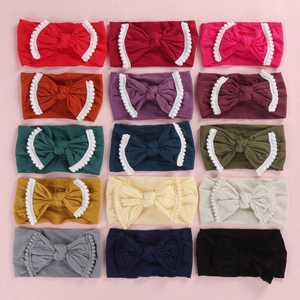 Baby Elastic Nylon Headband With Large Bow Pom Pom Trim Cute Soft Stretchy Hairband For Infants Toddlers Kids Accessories