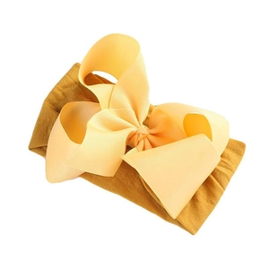 5-inch double-tone grosgrain ribbon bow on soft mustard yellow nylon headband for girls