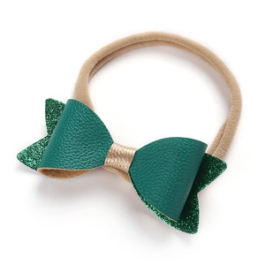 Bandeau à nœud vert pailleté en similicuir pour bébés avec nylon élastique doux