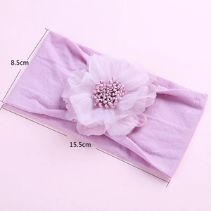 Detail view of purple soft nylon baby headband with chiffon flower and dimensions of 15.5cm