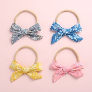 Baby Floral Bow Headband Soft Nylon Stretchy Hairband For Infants Toddlers Kids Handmade Cotton Bow Flower Pattern Headwrap