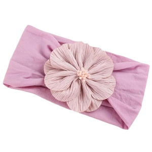 Elastic nylon baby headband with a purple satin flower and pink bead accents