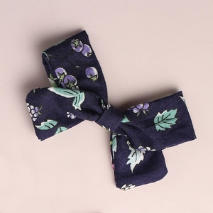 Navy blue floral cotton bow hair clip with purple berry pattern for girls fashion