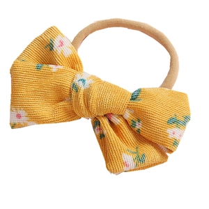 Floral print yellow corduroy bow baby headband with soft nylon elastic band for infants