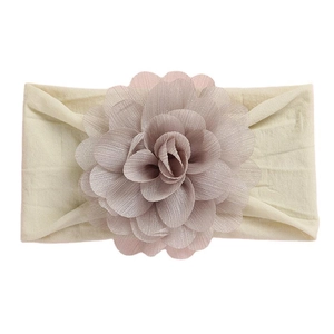 Elastic baby headband with beige wide band and pink multilayered fabric flower detail