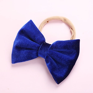 Soft velvet dark blue bow headband for babies with high elasticity nylon strap