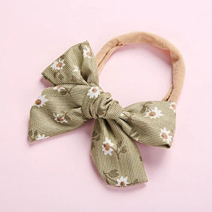 Olive green baby headband with white daisy print and soft elastic seamless nylon band
