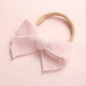 Winter baby knitted headband with pink bow and soft high-elastic nylon band