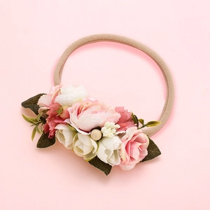Bandeau à fleurs en tulle rose et blanc avec perles pour bébés et petites filles
